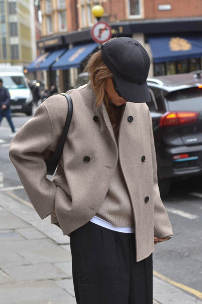 Brown Double Breasted Wool Blend Coat
