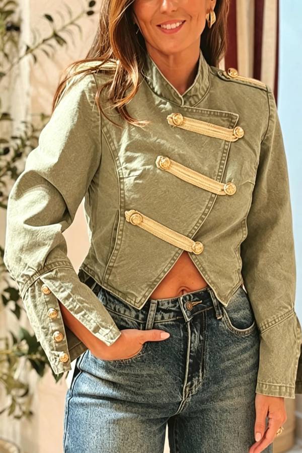 Napoleon Style Denim Vintage Woven Metal Button Stand Neck Long Sleeve Jacket
