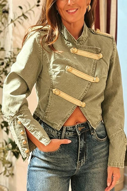 Napoleon Style Denim Vintage Woven Metal Button Stand Neck Long Sleeve Jacket