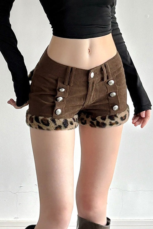 Leopard Faux Fur Patchwork Low Rise Corduroy Shorts