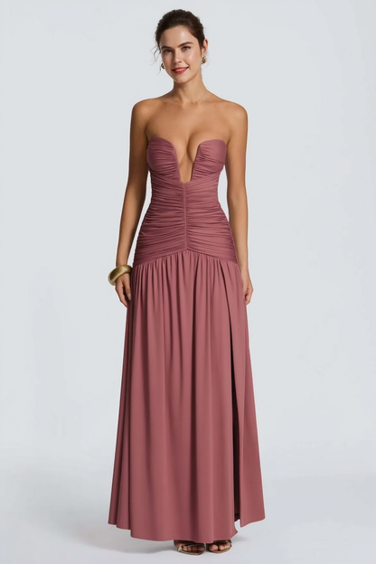 Solid Strapless High Slit Ruched Bodycon Party Dress