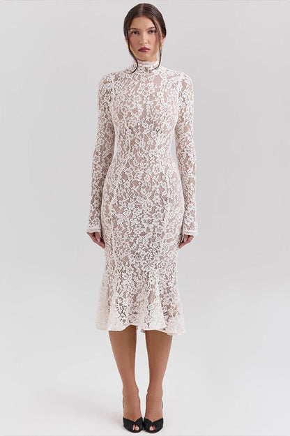 Crew Neck Lace Long Sleeve Mermaid Bodycon Lace Dress