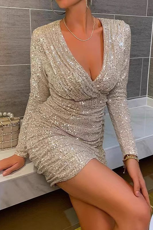 Long Sleeve V-Neck Ruched Sequin Sequin Dress