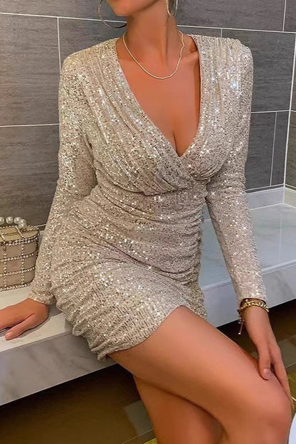 Long Sleeve V-Neck Ruched Sequin Sequin Dress
