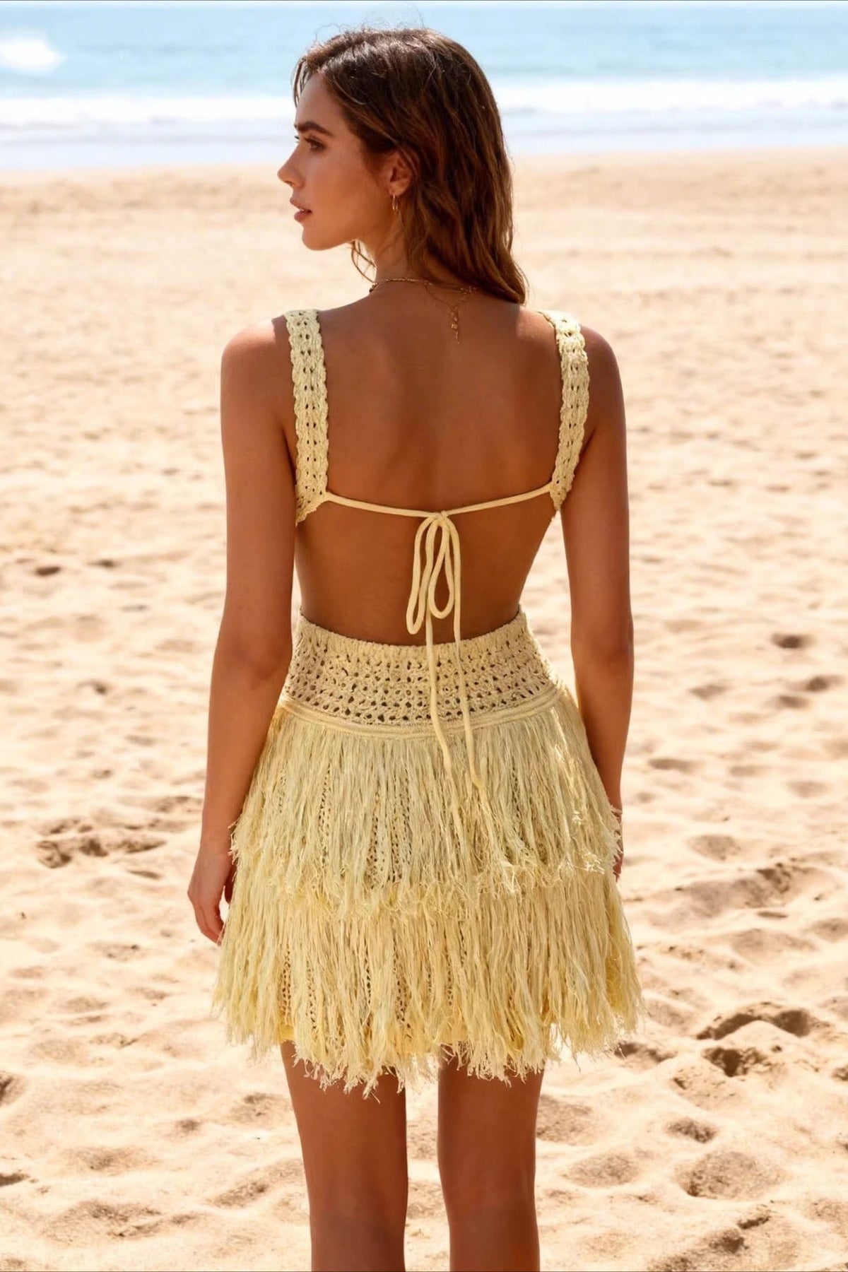 Knit Cutout Fringe Vacation Boho Dress