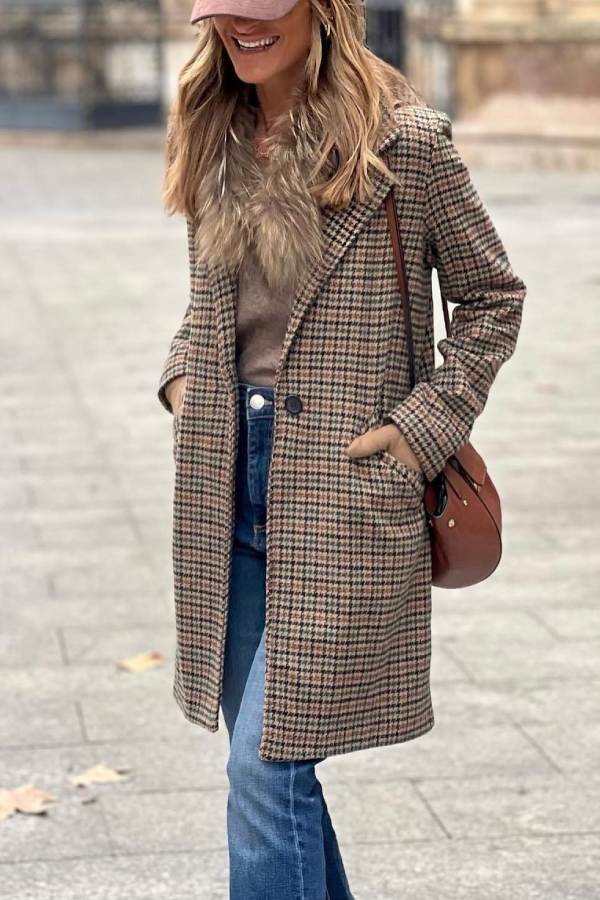 Brown plaid wool suit collar coat