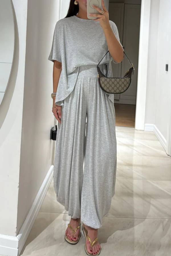 Light Grey Casual Top and Wide-leg Pants Set