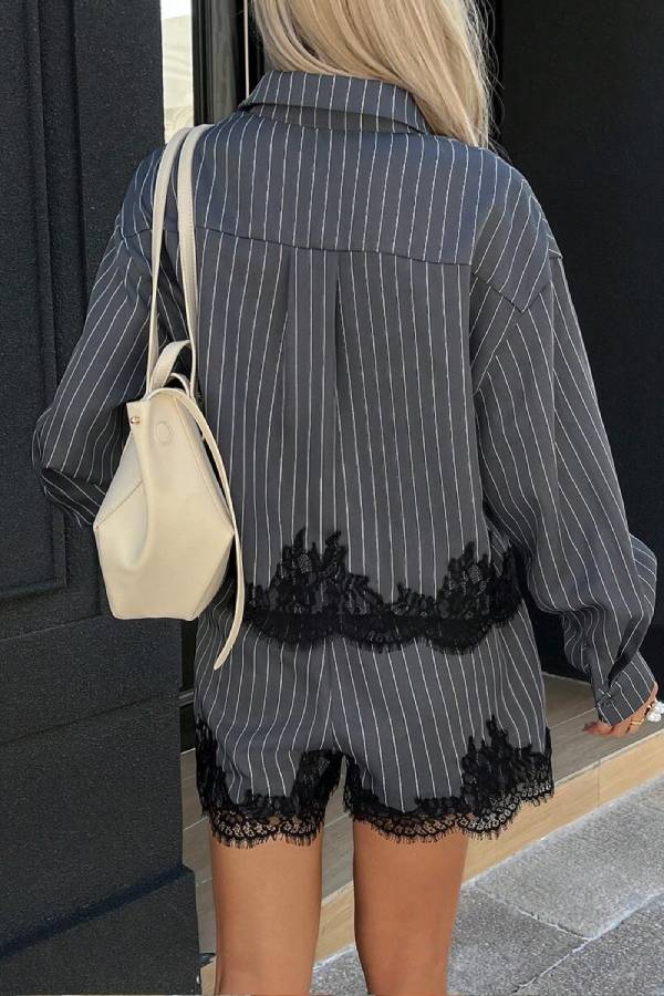 Satin Pinstripe Eyelash Lace Trim Shirt & High Waist Shorts 2 Piece Lounge Set