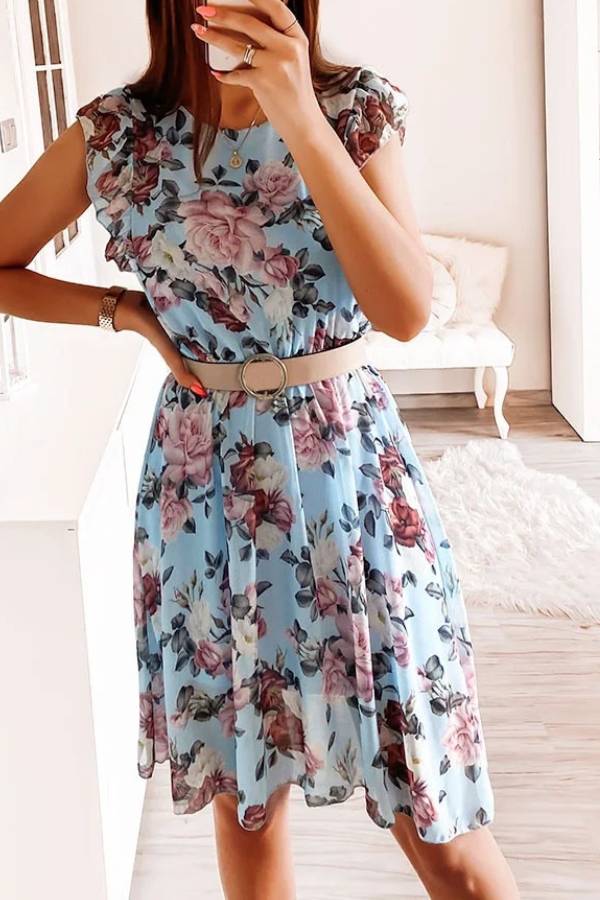 Multi-Color Rose Print Ruffle-Sleeve Waisted Dress