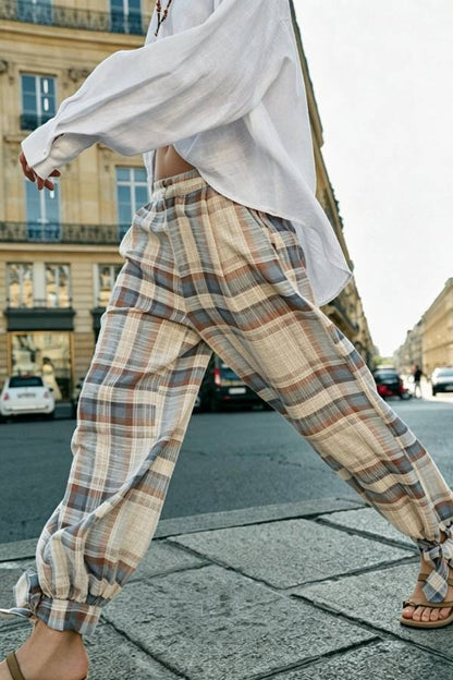 Adrenia Plaid Print Mid Rise Elastic Waist Pocket Tie-up Hem Balloon Pants