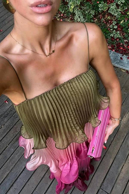 Exquisite Pleated Organza Gradient Print Layered Ruffles Slip Maxi Dress