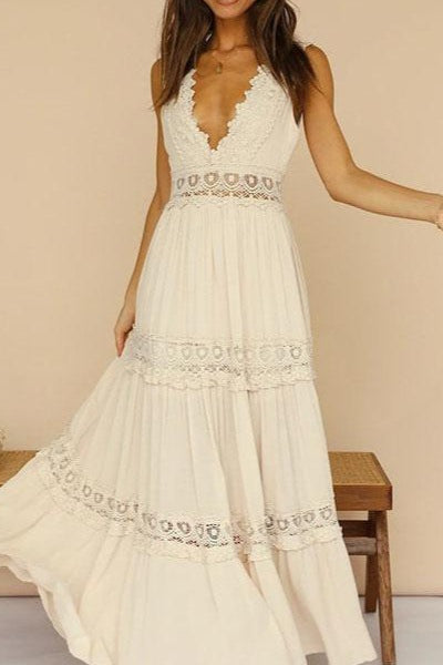 Elegant Lace V Neck Mid Rise Boho Dress