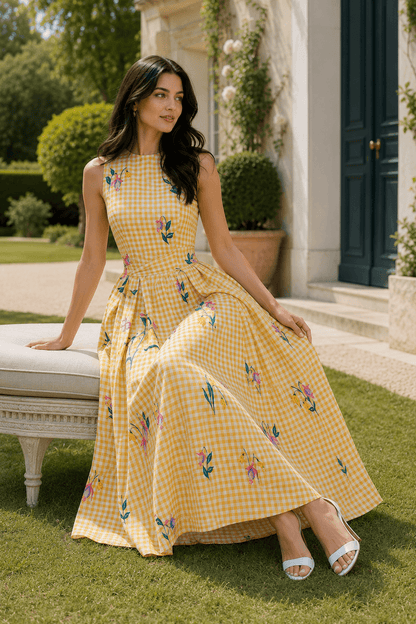 Vintage Heavy Floral Embroidery Tie Waist Sleeveless Long Floral Dress