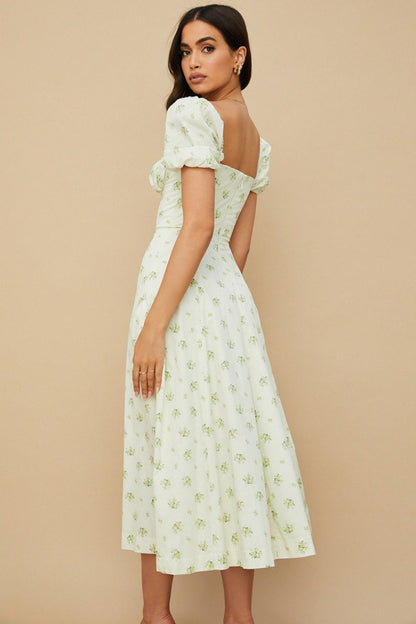 Floral Square Neck Puff Sleeve Ruched Tie Bust High Split Midi Dress