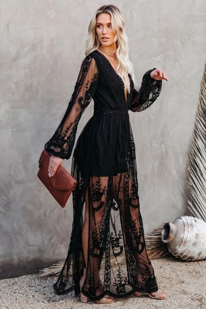 Embroidery V Neck Lace Maxi Boho Dress