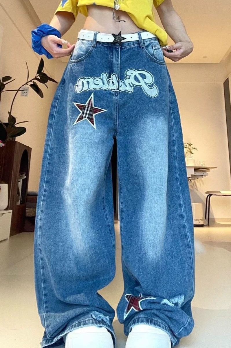 Retro Star Letter Appliqué Barrel Leg Jeans