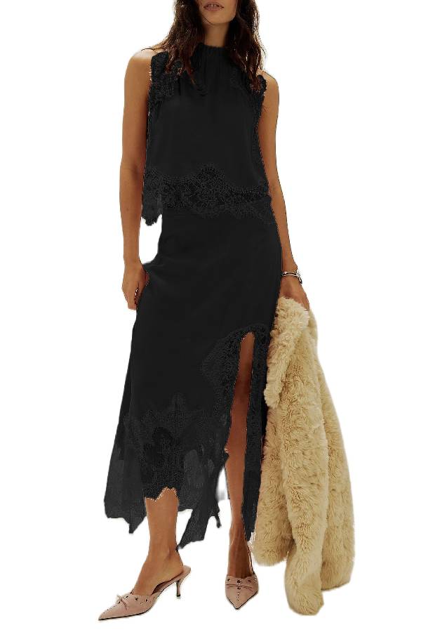 High Neck Sleeveless Lace Trim Satin Top & Slit Irregular Lace Midi Skirt Two Piece Set