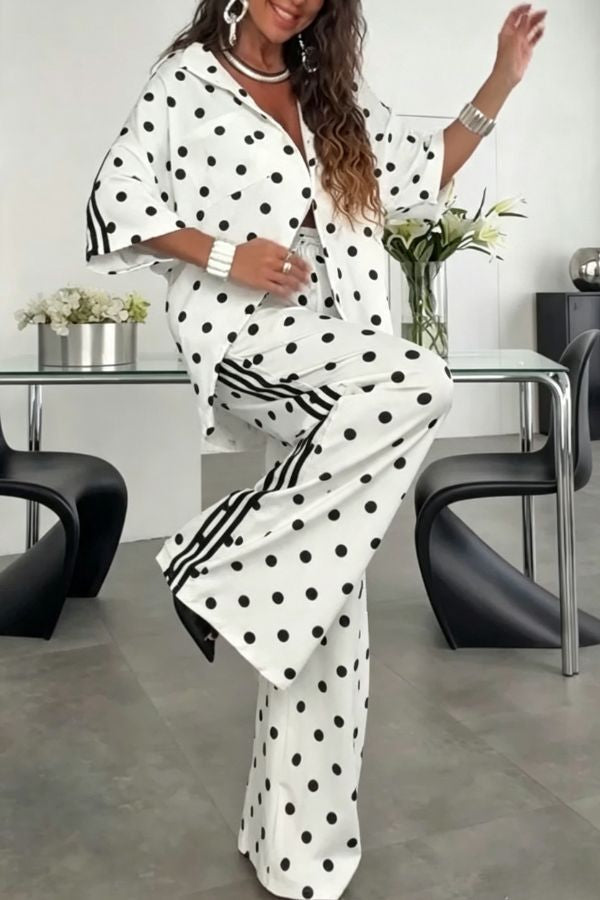 Chris Color Blocked Polka Dot Print Short Sleeve Loose Shirt and Elastic Waist Pocket Pants Tracksuit