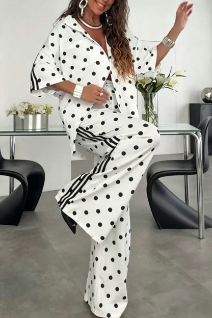 Chris Color Blocked Polka Dot Print Short Sleeve Loose Shirt and Elastic Waist Pocket Pants Tracksuit