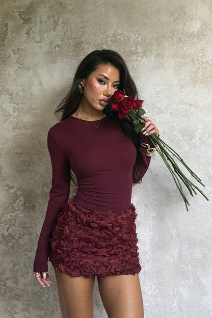 3D Rosette Applique High Waist Mini Skirt and Long Sleeve Top Two Piece Set