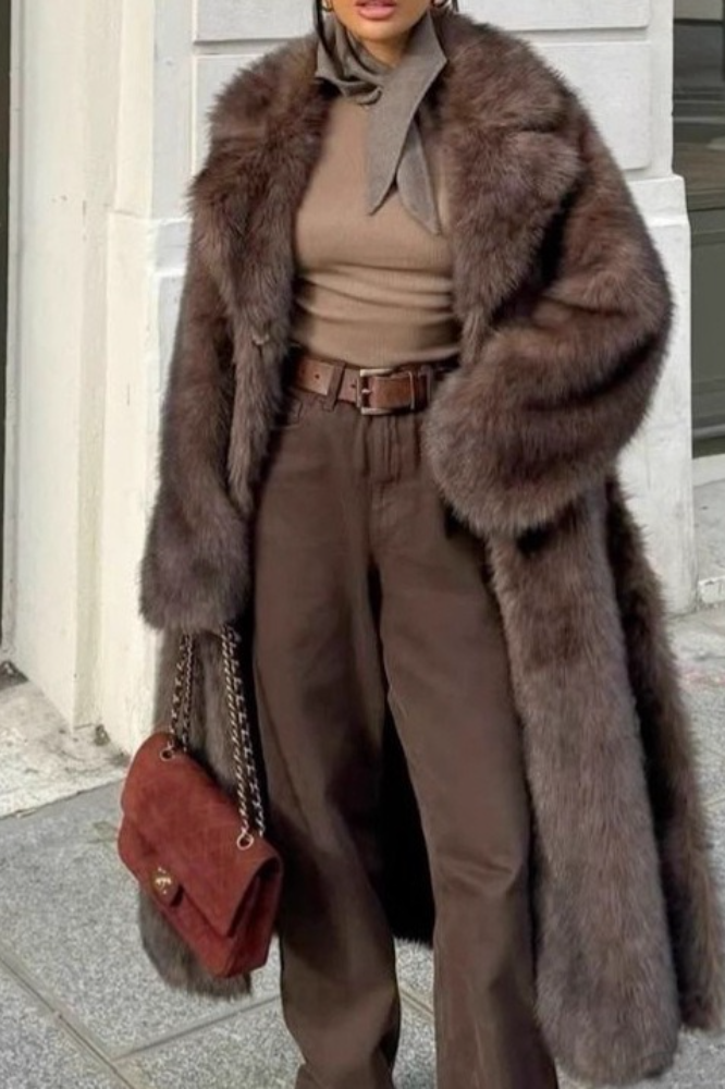 Retro Faux Fox Fur Notched Lapel Long Overcoat