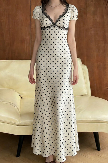 Polka Lace Trim Sleeveless Bodycon Maxi Lace Dress