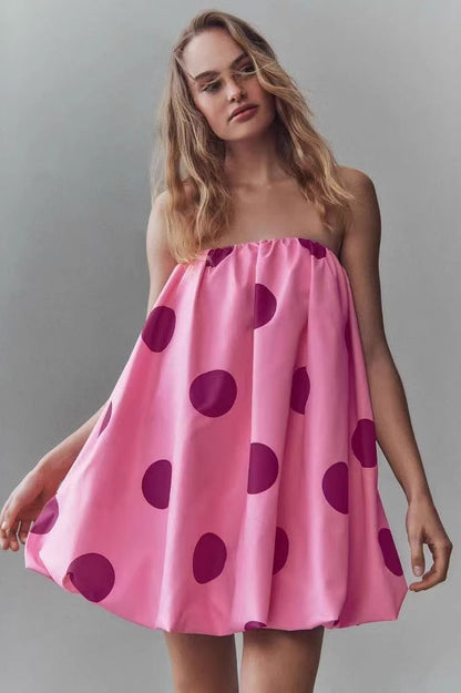 Polka Dot Strapless Bandeau Bubble Hem Fit and Flare Mini Dress