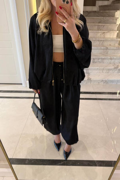 Loose-fitting Zippered Jacket with Lantern Sleeves + High-Waisted Drawstring Wide-Leg Pants Set