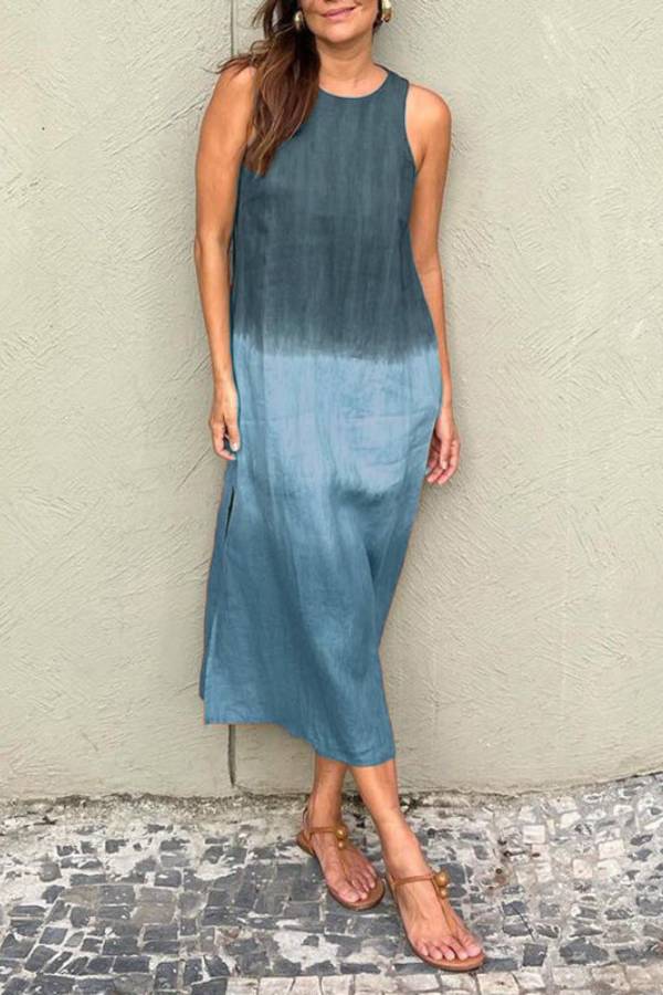 Gradient Tie Dye Sleeveless Linen Midi Dress Side Split Loose Casual Vacation Sundress