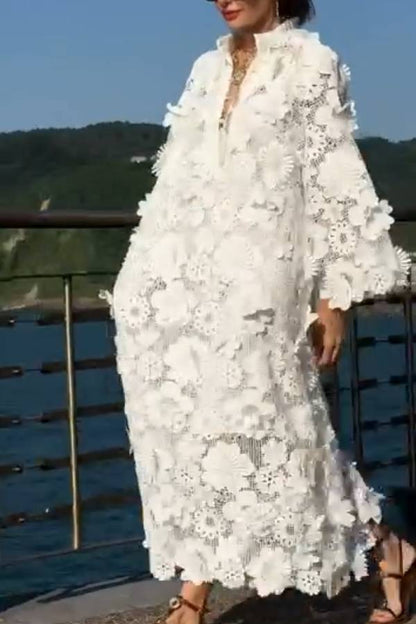 3D Floral Embroidered Stand-Collar Long Coat