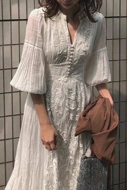 Vintage Lace Panel V-Neck Embroidered Boho Dress