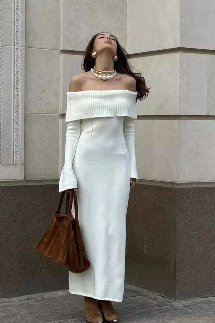 Collared Off-Shoulder Knit Sweater Dress