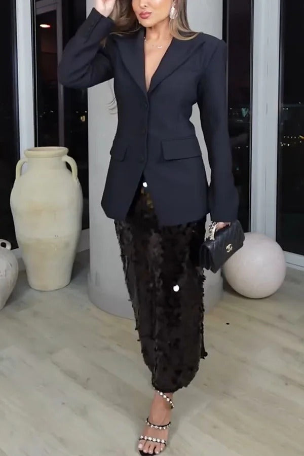 Chic Holiday Look Large Sequins High Rise Zipper Waist Slit Maxi Skirt