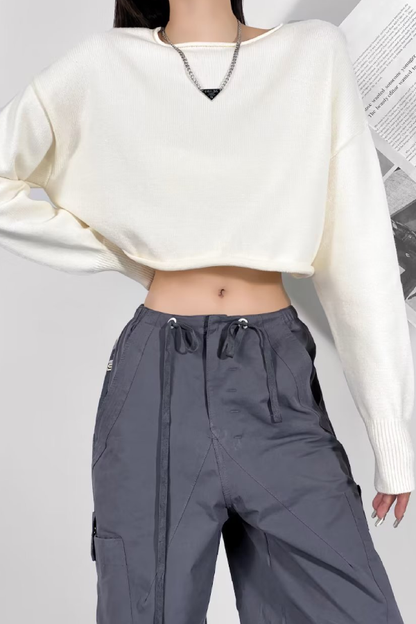 Round Neck Solid Color Loose Casual Long Sleeve Super Short Knitted Sweater