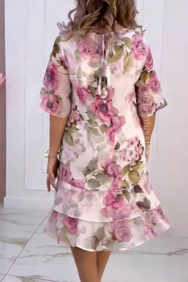 Round Neck Floral Print Tiered Midi Dress