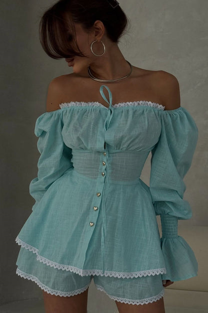 Lantern Sleeve Lace Up Off Shoulder Top Two Piece Shorts Set