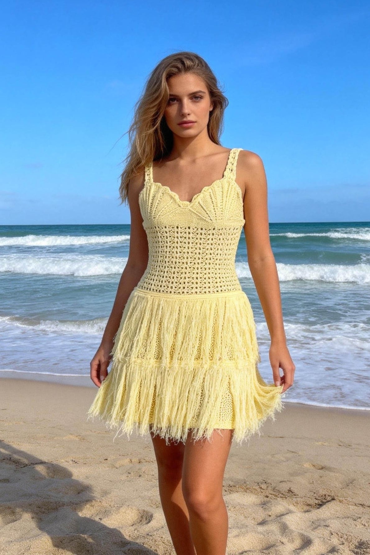 Knit Cutout Fringe Vacation Boho Dress