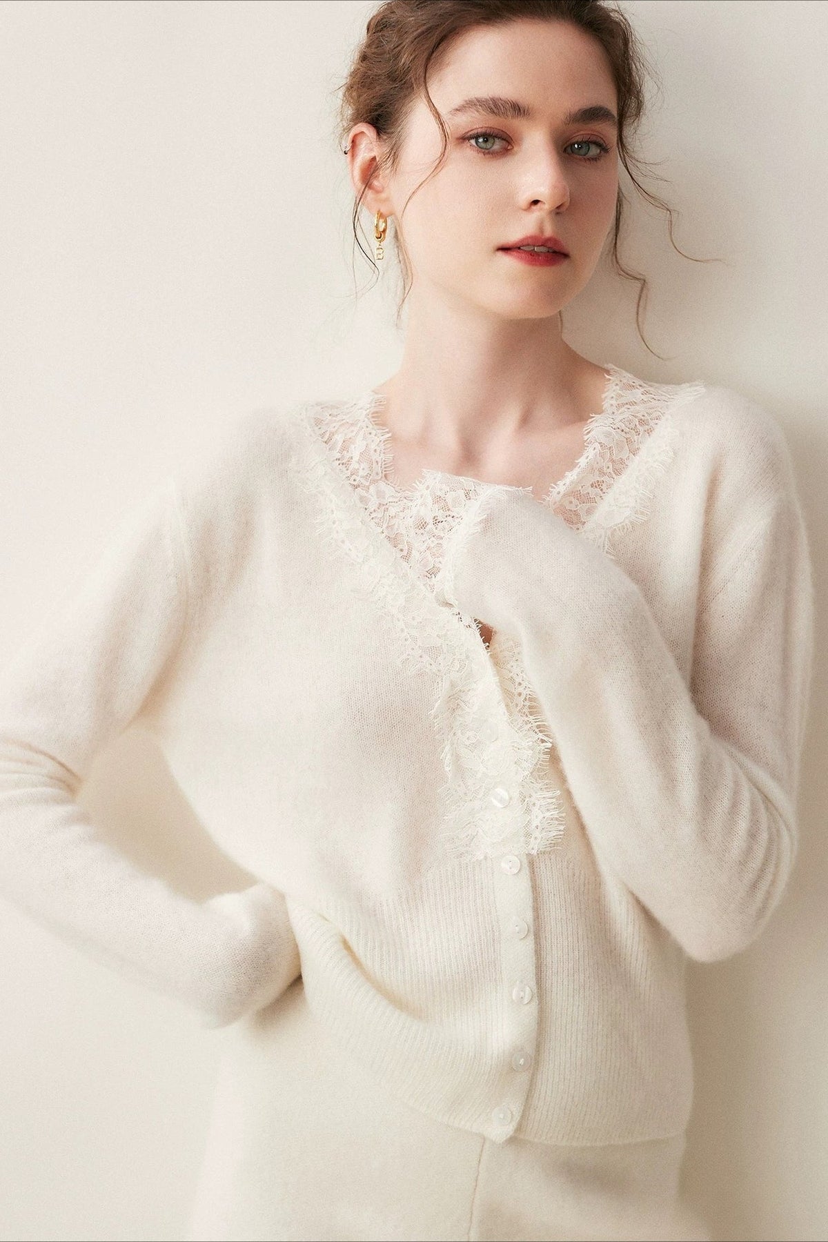 Lace Trim V Neck Cashmere Cardigan