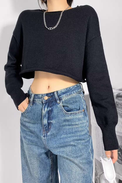 Round Neck Solid Color Loose Casual Long Sleeve Super Short Knitted Sweater