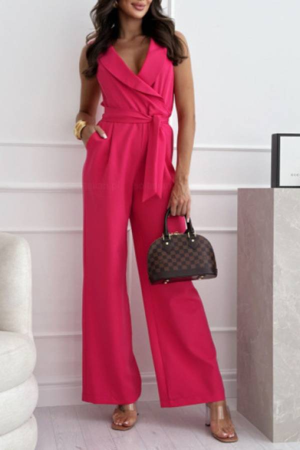 Lapel Sleeveless Waist Tie Wide Leg Jumpsuit