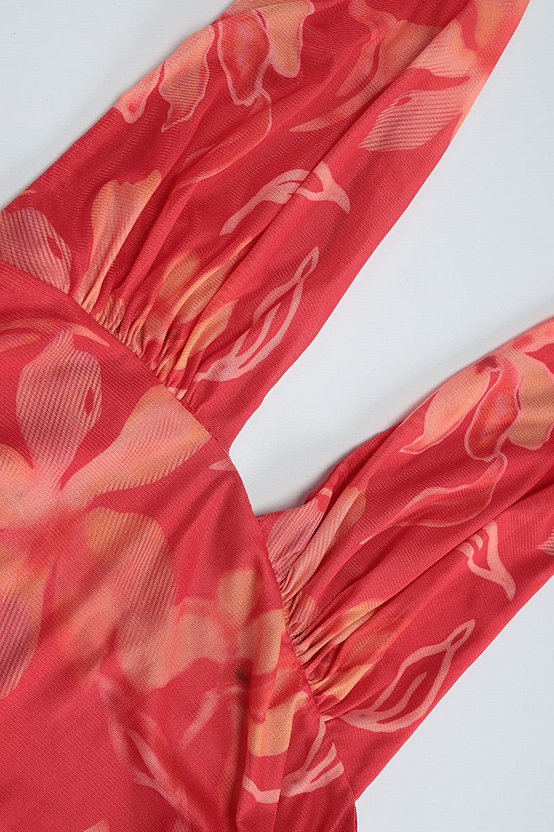 Halter Deep V Ruffle Patchwork Cutout Long Floral Dress