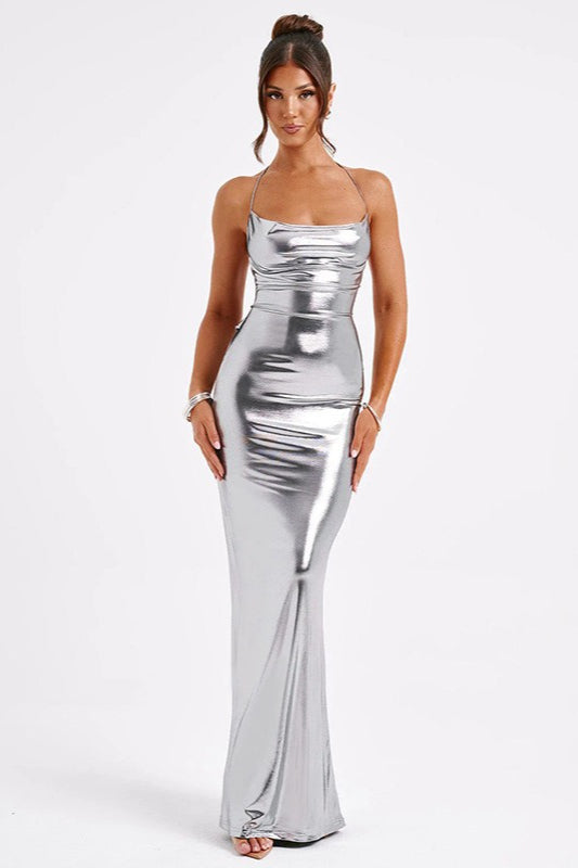 Shiny Bodycon Evening Gown Maxi Dress