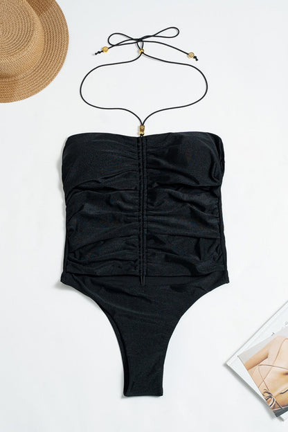 Shiny Ruched Strappy Nylon One Piece Swimwear