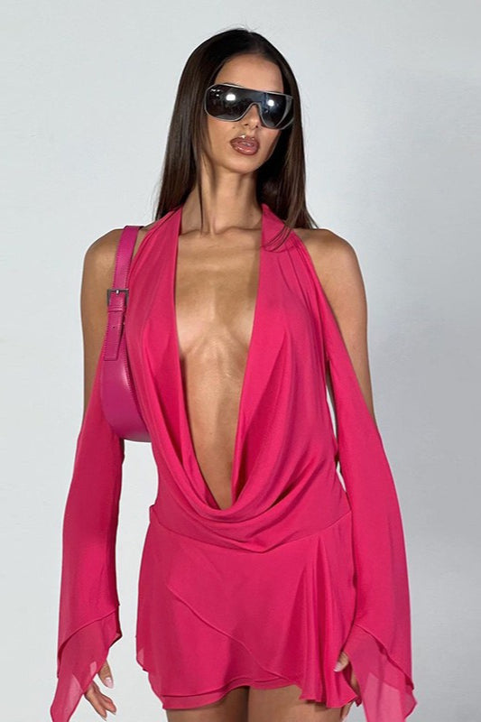Halter Low Cut Solid Asymmetrical Bodycon Cocktail Dress