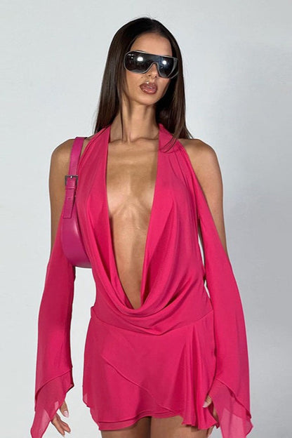 Halter Low Cut Solid Asymmetrical Bodycon Cocktail Dress