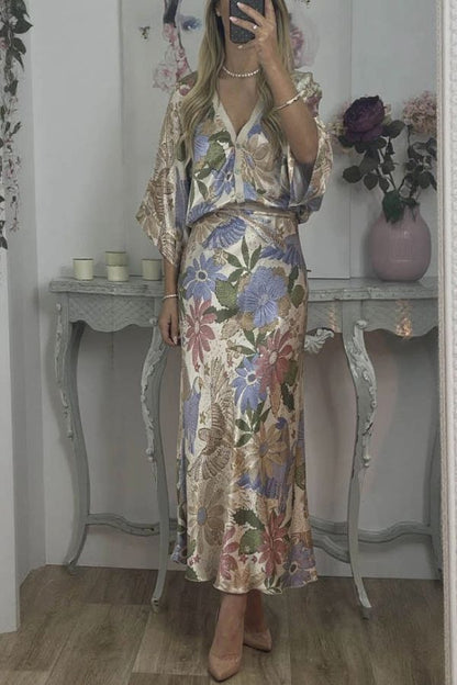 Satin Floral Print V-neck Half-sleeve Loose Top and Elegant Maxi Skirt Set