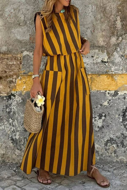 Sleeveless Striped Waist-Cinched Maxi Dress