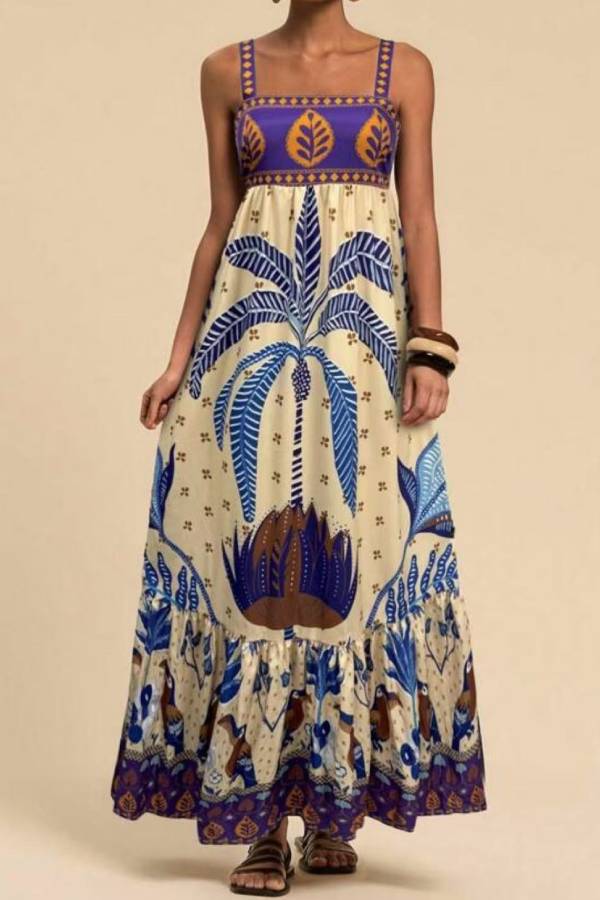 Tropical Print Square-Neck Cami Maxi Dress