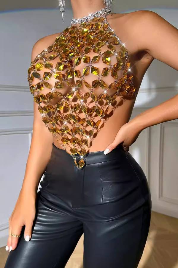 Rhinestone Mesh Halter Backless Crop Top