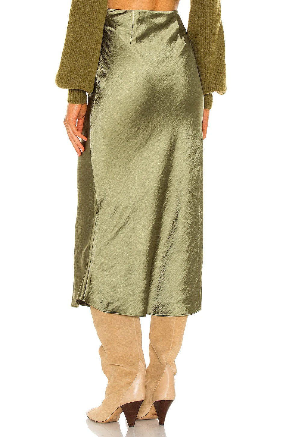 Olive Green Satin Midi Skirt with Side Slit
